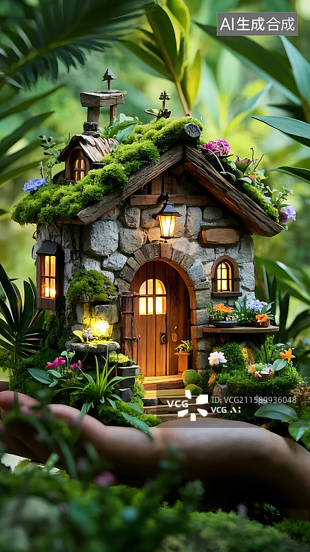 【AI数字艺术】梦幻的微型石屋，充满生机的童话世界图片素材