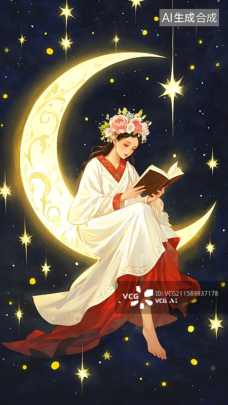【AI数字艺术】静谧月夜，花冠少女阅读之美图片素材