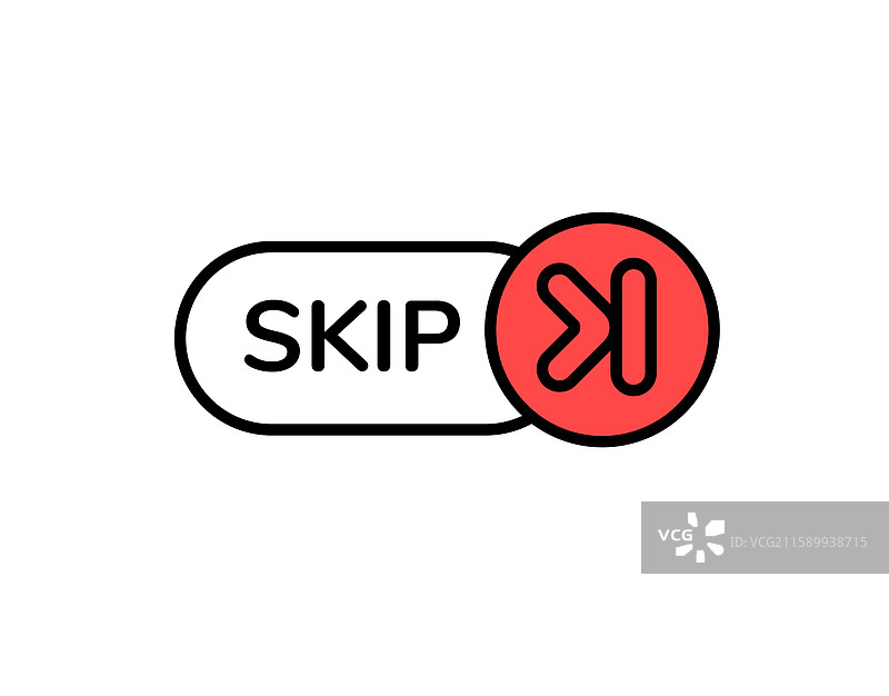 标志性的红色跳过按钮，带有粗体字母和图片素材