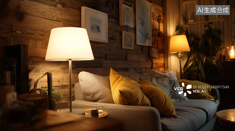 【AI数字艺术】卧室床边沙发的台灯图片素材