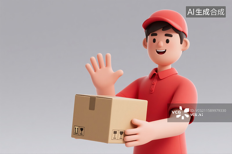 【AI数字艺术】拿着纸箱挥手的配送人员图片素材