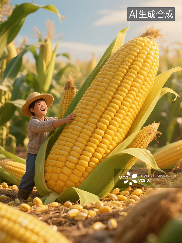 【AI数字艺术】田野里小孩与大玉米图片素材