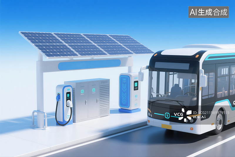 【AI数字艺术】太阳能供电电动公交充电站图片素材