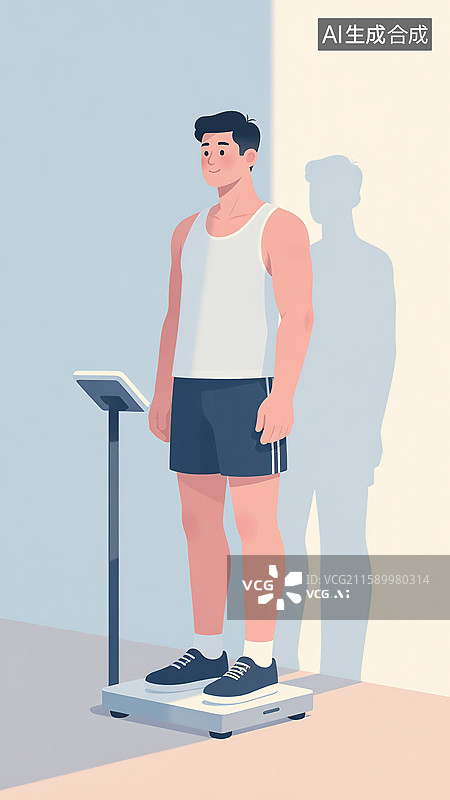 【AI数字艺术】男子站在体重秤上的休闲形象图片素材
