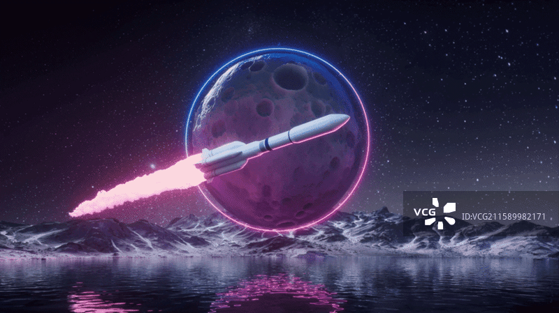 超现实太空星球与火箭三维渲染图片素材