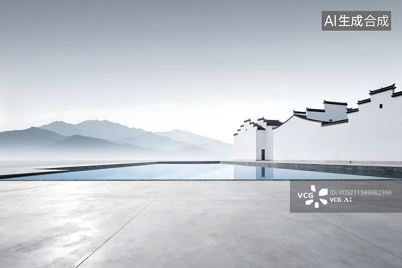 【AI数字艺术】徽派建筑地面留白背景图片素材