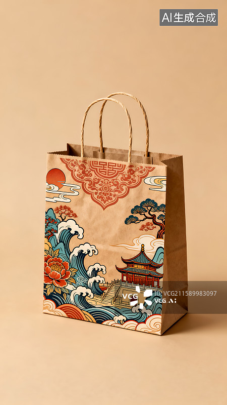 【AI数字艺术】中国风牛皮纸购物袋图片素材