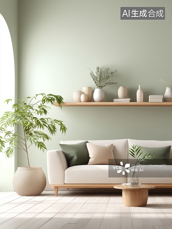 【AI数字艺术】简约绿色客厅布置图片素材