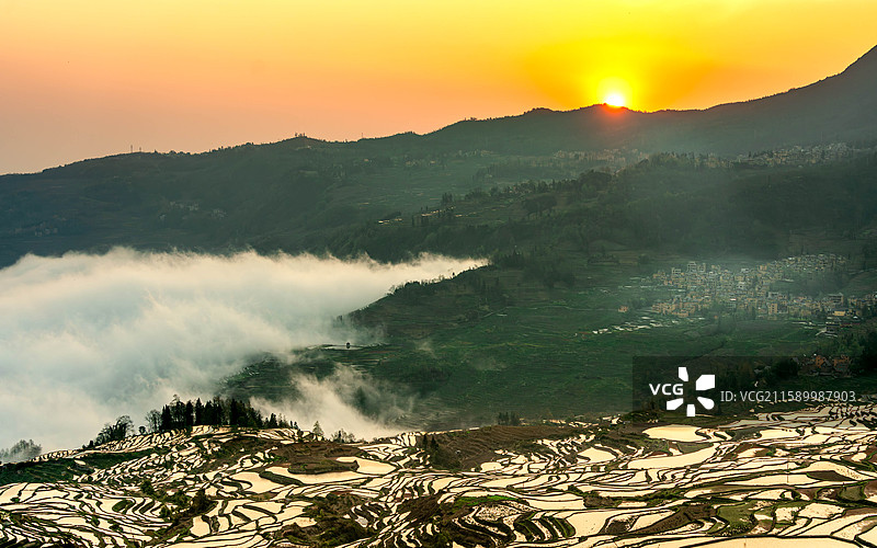 比肩云海的梯田图片素材