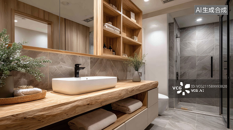 【AI数字艺术】现代装修风格的洗手间，干湿分离，淋浴间与洗漱台图片素材