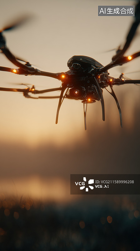 【AI数字艺术】未来科技无人机在黄昏中飞行图片素材