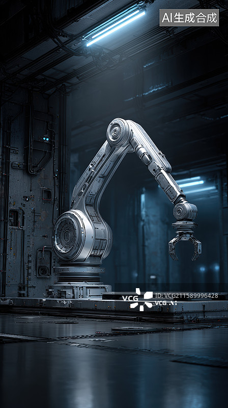 【AI数字艺术】工业机械臂在昏暗工厂中的特写图片素材