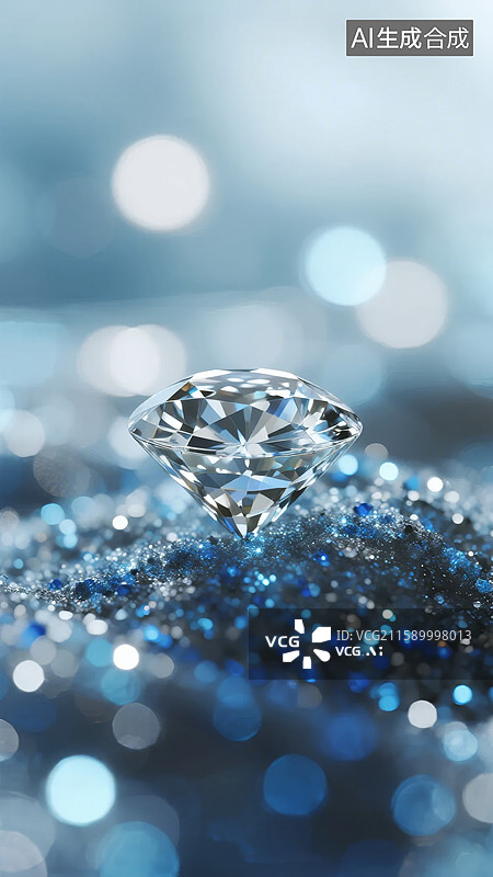 【AI数字艺术】璀璨钻石置于蓝色闪光背景之上图片素材