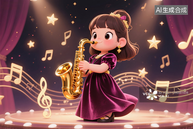 【AI数字艺术】舞台上，小女孩吹走萨克斯，四周跳动的音符，动听悦耳图片素材