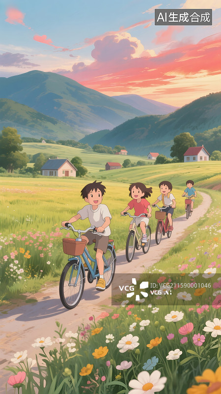 【AI数字艺术】夕阳下，小伙伴们在田野间骑着自行车图片素材