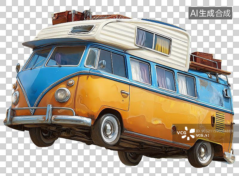 【AI数字艺术】一辆向前腾空跃起起的复古卡通3D房车素材图片素材