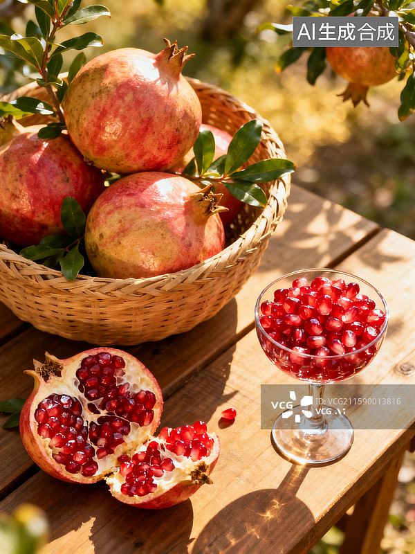 【AI数字艺术】石榴树下，编织筐里放着几颗大石榴，掰开的石榴，露出晶莹剔透的红石榴籽，高脚杯里装满有火红的石榴籽图片素材