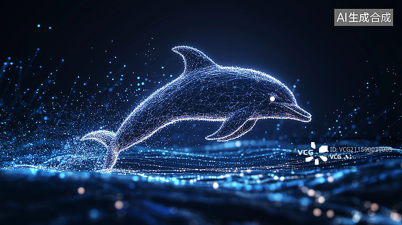 【AI数字艺术】蓝色抽象数字粒子构成的蓝色鲸鱼图片素材