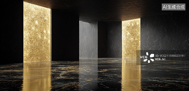 【AI数字艺术】两扇金色光芒的门在黑暗中图片素材