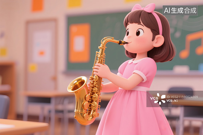 【AI数字艺术】卡通风格，小女孩穿着粉色的裙子在教室中吹奏萨克斯图片素材