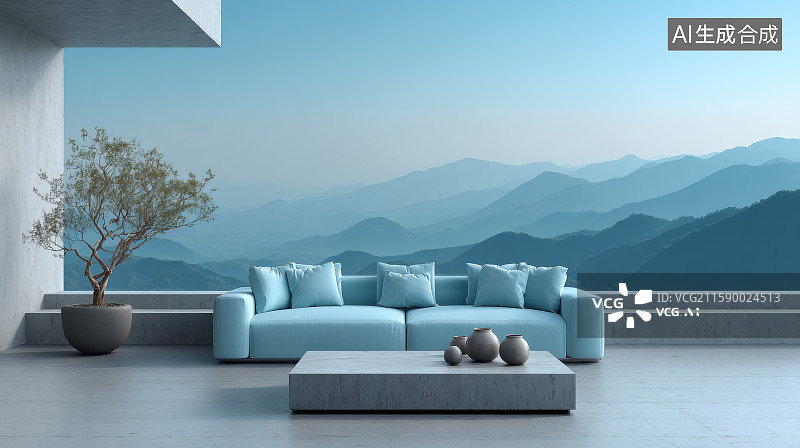 【AI数字艺术】远处起伏的山峰，屋顶阳台上的沙发与茶几图片素材