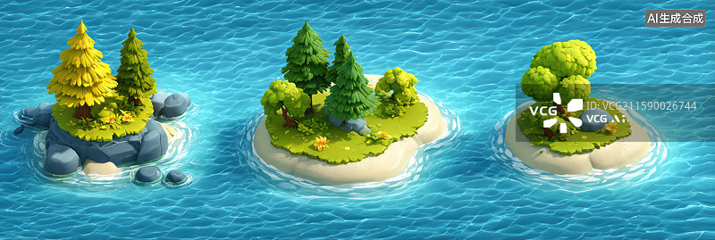 【AI数字艺术】3D卡通岛屿地图俯视创意插画游戏设计色彩缤纷的海洋背景中三个树木覆盖的岛屿休闲手机游戏海报书籍封面图片素材