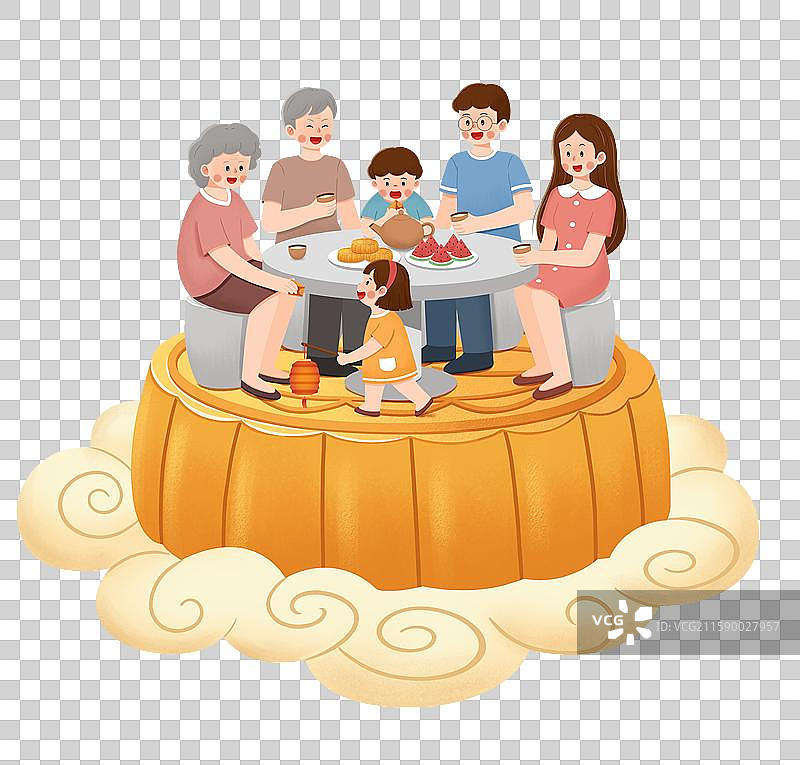 中秋节一家人吃月饼赏月卡通素材图片素材