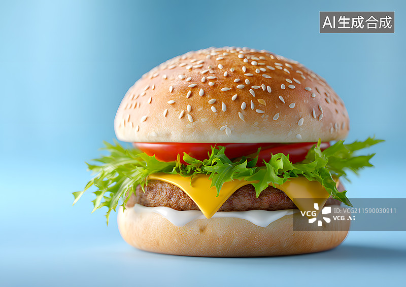 【AI数字艺术】蓝色背景上一个美味的汉堡图片素材