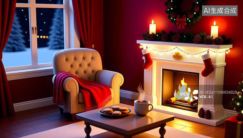 【AI数字艺术】温馨圣诞节的舒适场景3D插画图片素材