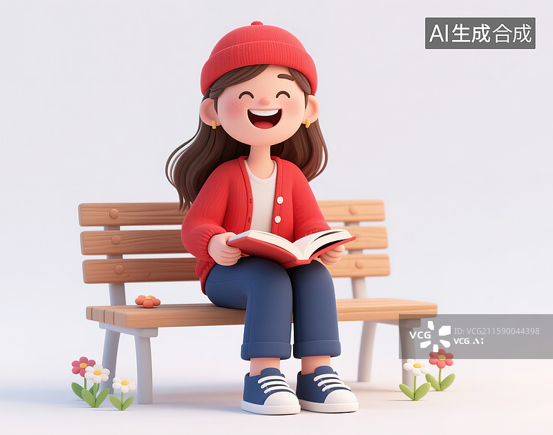 【AI数字艺术】坐在长凳上看书的女孩3d插画图片素材
