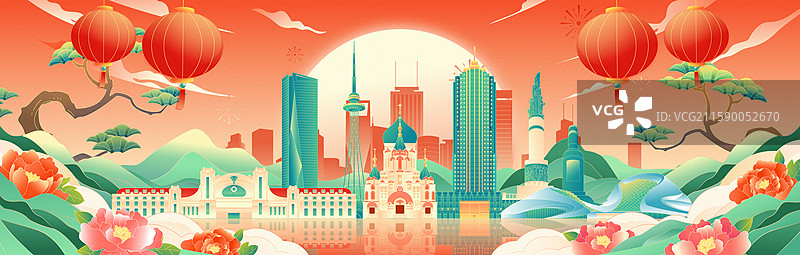 国庆中秋双节哈尔滨城市建筑矢量插画图片素材