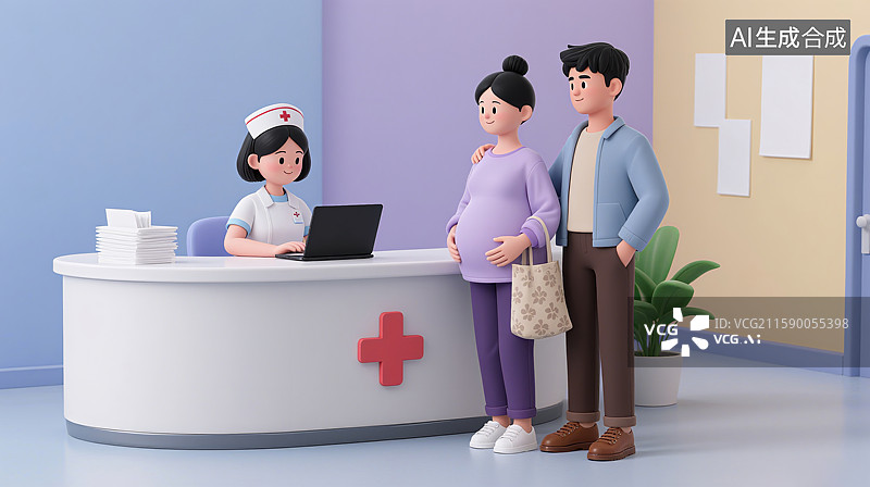 【AI数字艺术】3D三维孕妇和丈夫怀孕夫妇在医院门诊接待台挂号缴费图片素材