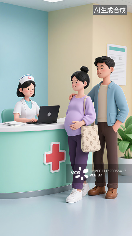 【AI数字艺术】3D三维孕妇和丈夫怀孕夫妇在医院门诊接待台挂号缴费图片素材