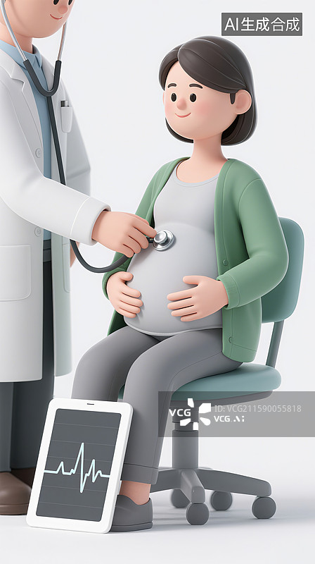 【AI数字艺术】3D三维男医生用听诊器听孕妇肚子胎儿心跳图片素材
