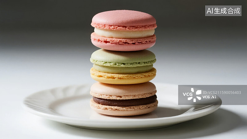 【AI数字艺术】色彩斑斓的马卡龙叠放于白色盘中图片素材
