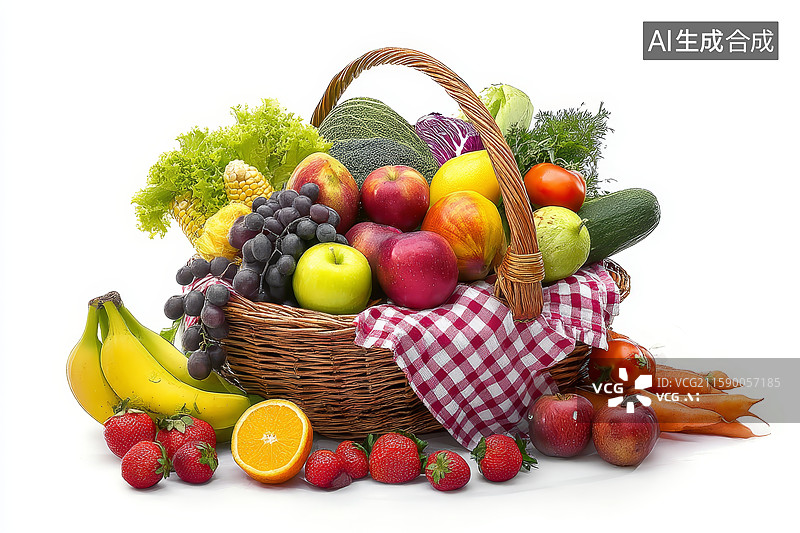 【AI数字艺术】装满新鲜水果和蔬菜的篮子图片素材