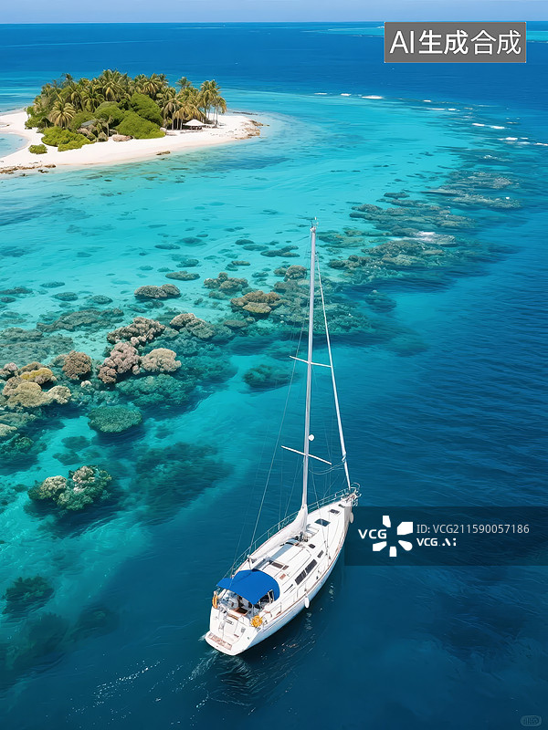【AI数字艺术】帆船停泊在珊瑚礁环绕的热带岛屿旁图片素材