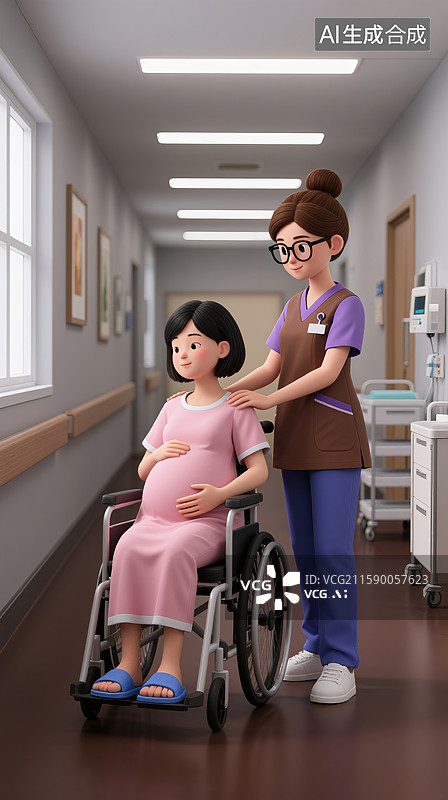 【AI数字艺术】3D三维护士推着坐在轮椅上的孕妇医院走廊上图片素材
