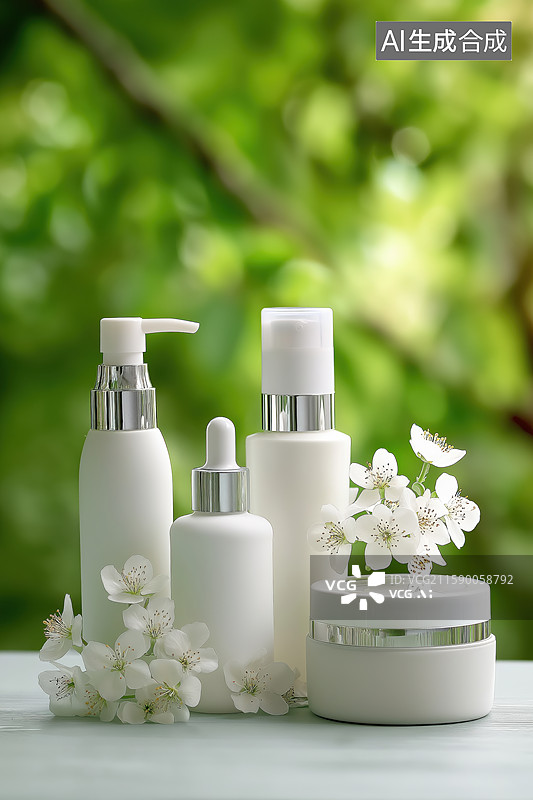 【AI数字艺术】白色护肤品与花朵的自然组合图片素材