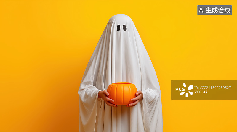 【AI数字艺术】幽灵装扮者手持南瓜灯图片素材