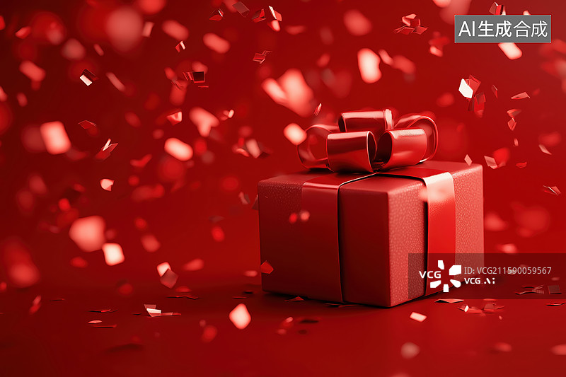 【AI数字艺术】红色礼盒与飘落的彩纸图片素材