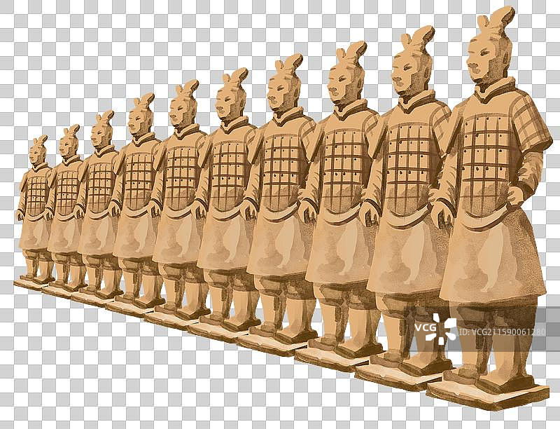 中国古代历史文化秦代秦朝古文明古文化遗迹遗址兵马俑雕塑雕像排列景观插画图片素材
