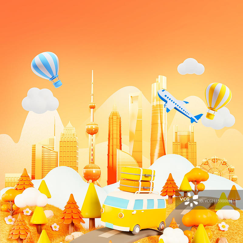 3D立体秋天金色的森林场景秋天节气插画上海城市插画图片素材