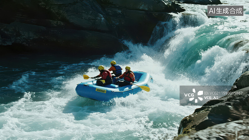 【AI数字艺术】激流勇进：三人乘筏穿越湍急河流图片素材