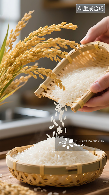 【AI数字艺术】厨房里的长粒香大米，白米饭，世界粮食日，中国农民丰收节图片素材