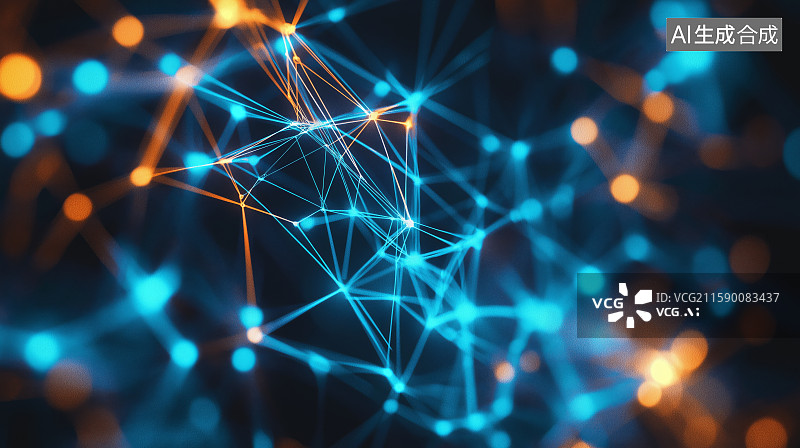 【AI数字艺术】未来科技感互联网大数据背景图——蓝色和橙色发光的节点和连接线组成图片素材