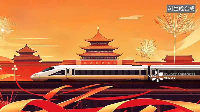 【AI数字艺术】高铁伴烟花贺新春图片素材