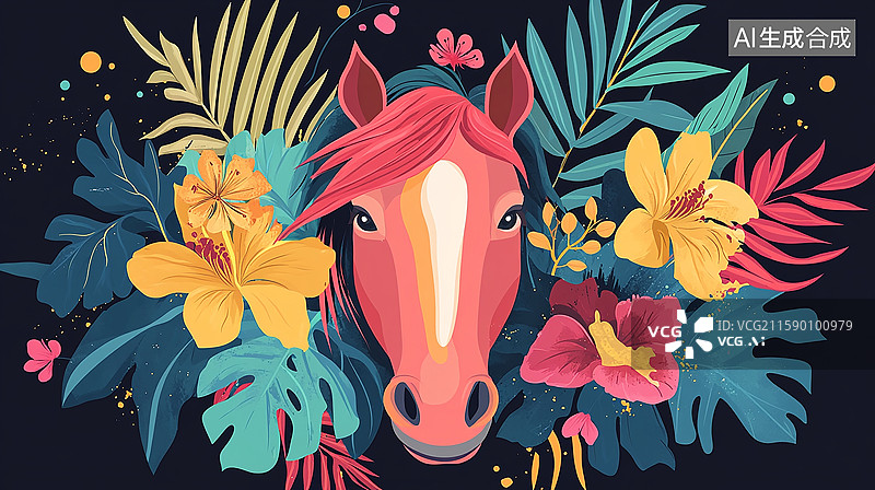 【AI数字艺术】热带风情花卉骏马图图片素材