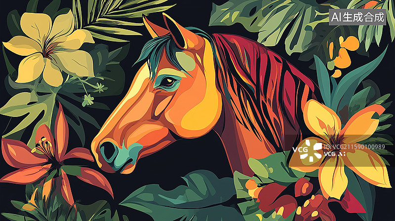 【AI数字艺术】热带风情花卉骏马图图片素材