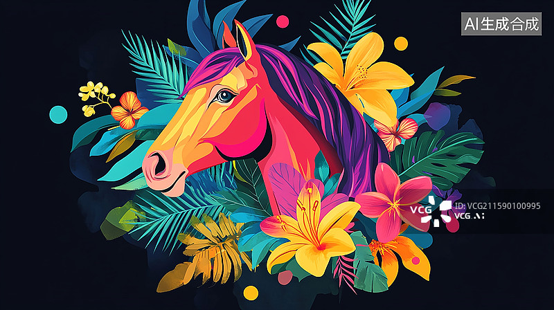 【AI数字艺术】热带风情花卉骏马图图片素材